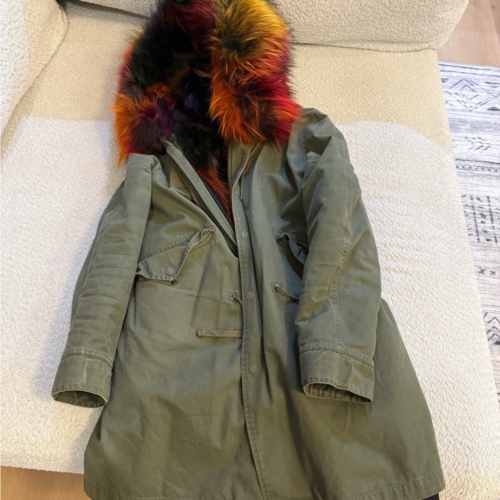 Women's Green Parka with Multicolor Fur Trim